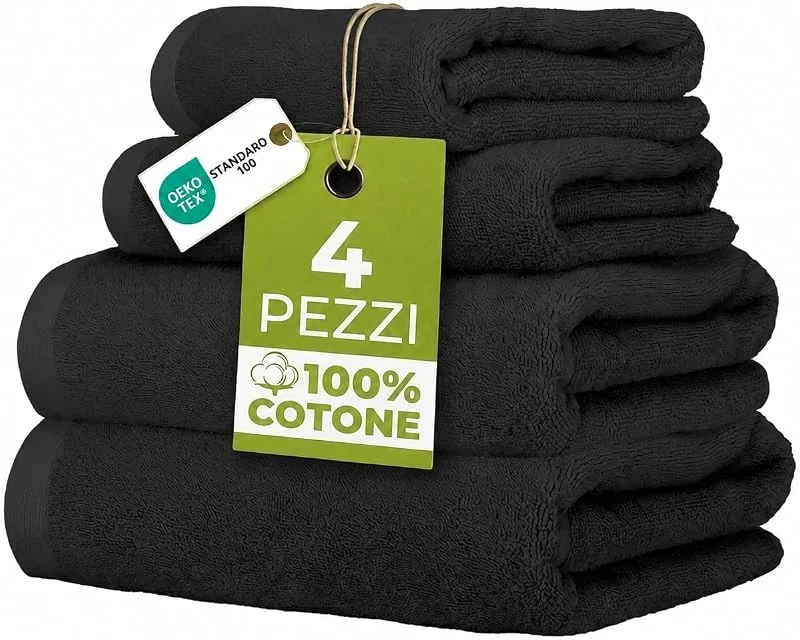 Ruggeri Set 4 Asciugamani Bagno 2 Viso + 2 Ospite, Cotone 500 gr, Nero — Riscaldamento