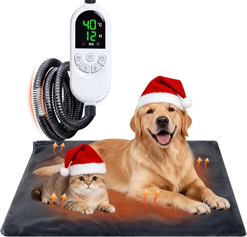 Qoosea Tappetino Riscaldante per Gatti e Cani 45x70cm, Tappeto Termico per Animali con 30-60°C Temperatura Regolabile e Timer, Cuscino Termico Elettrico Cane Sicuro con Cavo Anti-Morso — Riscaldamento