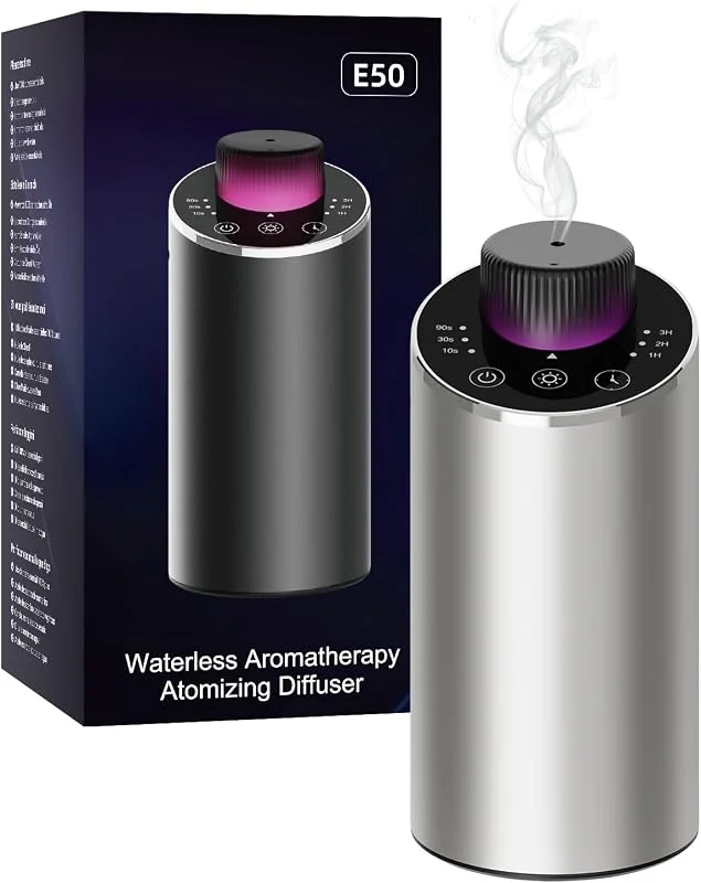 Diffusore oli essenziali, Diffusore di oli essenziali per Auto, Ufficio, Casa, Mini diffusore di aroma batteria, 4 timer e 3 livelli di nebbia (Argento) — Casa e cucina