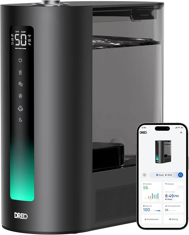 DREO 6L umidificatore per camera da letto, intelligente per grandi ambienti, bruma calda, fredda, per piante e bambini, riempimento superiore, 60 ore autonomia, silenzioso, timer, Google, Alexa, HM713S