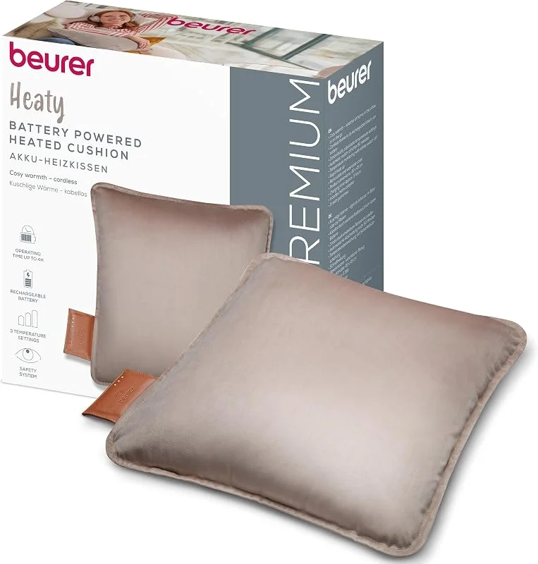 Beurer Heaty Termoforo, termoforo senza fili con batteria ricaricabile, con spegnimento automatico e 3 livelli di temperatura, con riscaldamento rapido, morbido velluto, taupe