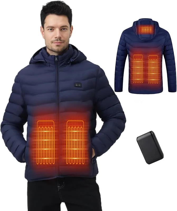 Mincoo Giacca Riscaldato con Cappuccio, Giacca invernale Uomo Calda con 3 Livelli di Riscaldamento, Porta di ricarica USB, Cappotti Impermeabile per Il Lavoro All'aperto Sci — Abbigliamento riscaldato