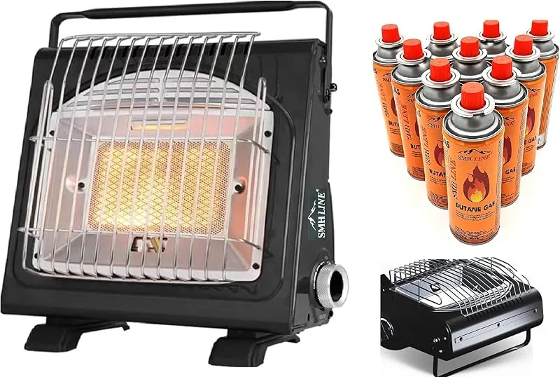 SMH LINE Stufa a gas portatile 2 in 1 + 8 cartucce di gas da 227 g, riscaldamento a gas da campeggio, per esterni, roulotte, 1, 7 kW, bruciatore + cartuccia a gas butano in ceramica