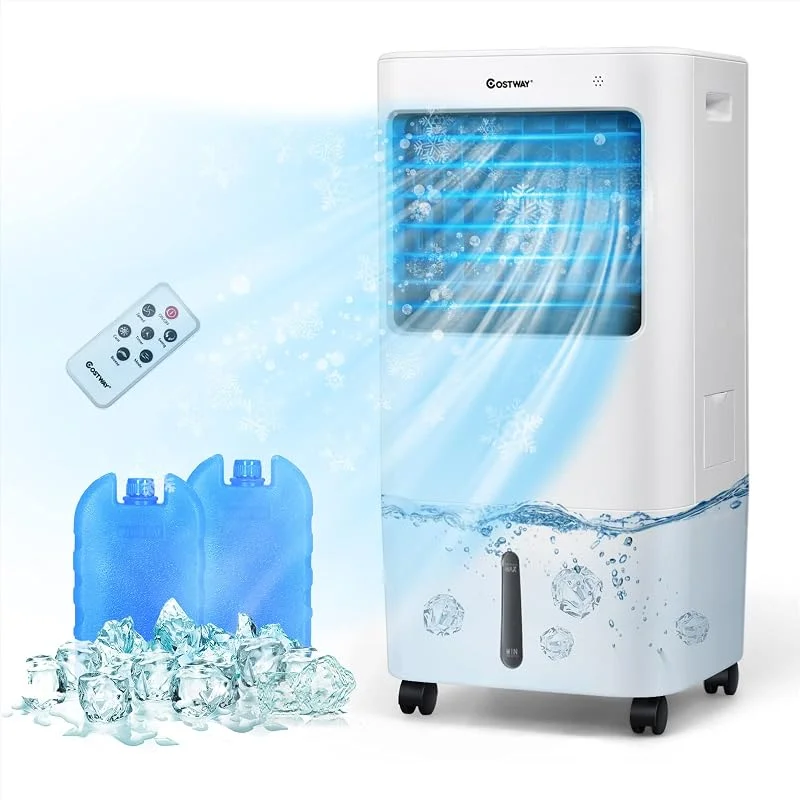 COSTWAY Condizionatore Portatile 3 in 1, Con Raffreddamento, Ventola e Umidificazione, Serbatoio dell’acqua di 20 L, 7, 5 H Timer, Con 4 Velocità, Telecomando e Ruote — Umidificatore