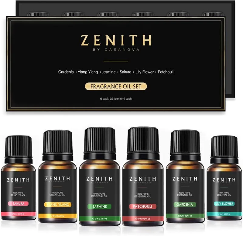 ZENITH - Set di 6 oli essenziali per umidificatore, 10 ml, aromaterapia naturale, confezione da 6 pezzi, aromi, biologici, profumi, per la casa, candele Jazmin Gardenia Ylang Sakura (confezione
