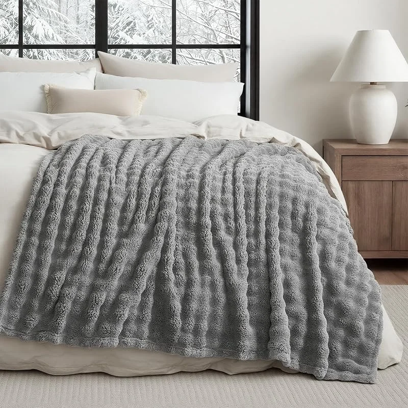 Topfinel Plaid Grande a Bolle, Coperta in Pile Pelosa Morbida e Termica, Calda e Confortevole, OEKO-TEX, Effetto Lana, per Letto Matrimoniale Divano e Picnic, Grigio, 220 x 240 cm, 1 Pezzo — Riscaldamento
