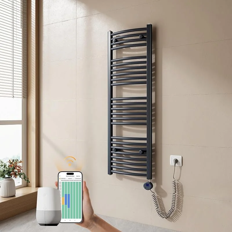 EMKE Radiatore da Bagno, 120 x 40cm, 500W, Scaldasalviette con WIFI Termostato, Curvo, Antracite colore, Termoarredo Asciugamani da Bagno — Riscaldamento
