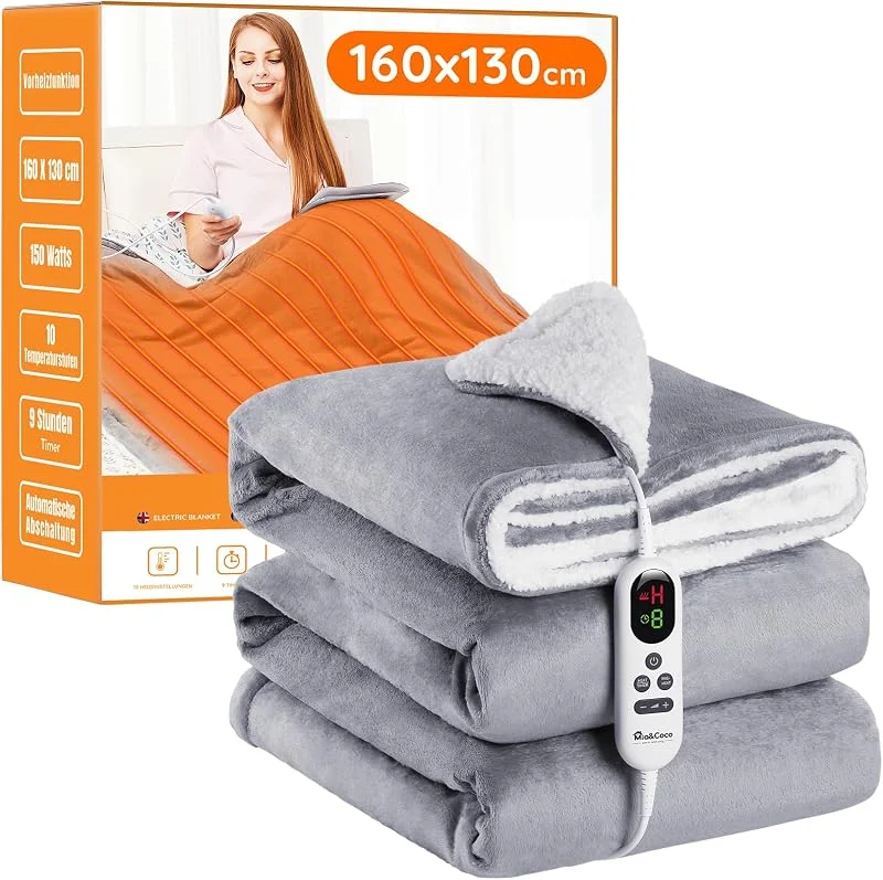 Mia&Coco Coperta Elettrica Termica Riscaldata, Lavabile in Lavatrice, con Telecomando Digitale, Flanella Sherpa 130x160 cm, 10 livelli e 1~9 ore di spegnimento automatico, lavabile in lavatrice — Riscaldamento