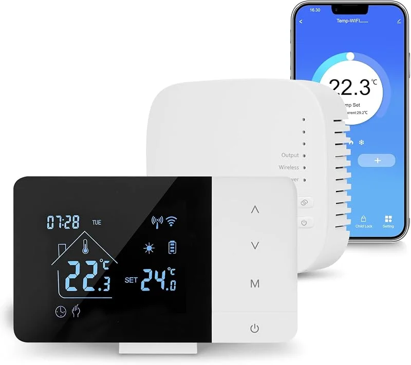 Termostato wifi, Intelligente Cronotermostato Wireless con Ricevitore per Caldaia 3A, Programmabile Settimanale, termostato da parete compatibile con Alexa e Google Assistant, a Batteria — Riscaldamento