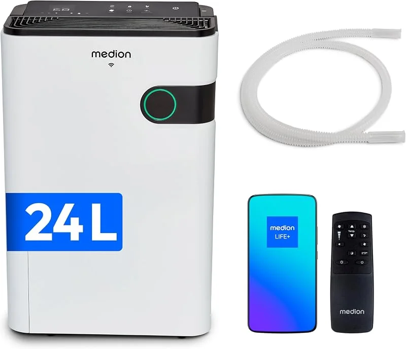 Deumidificatore MEDION con app e controllo vocale (serbatoio dell'acqua da 5L, fino a 40m², prestazioni di deumidificazione 24L, giorno, potenza massima 280W, 2 livelli di velocità, funzionamento touch