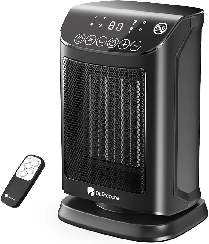Dr.Prepare Termoventilatore Ceramico 1800W Basso Consumo con Termostato 5 Modalità [3 Calore + Ventilatore + ECO] Timer 12H Oscillazione 70° Protezioni di Sicurezza per Camera da Letto Ufficio — Riscaldamento