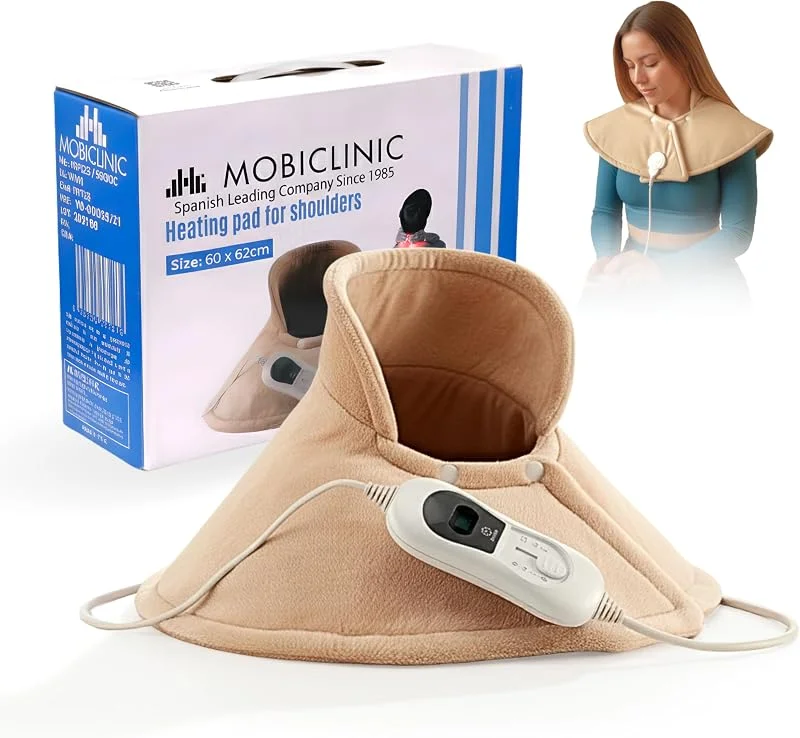 Mobiclinic, Termoforo cervicale e spalle, Cuscino termico, Marchio europeo, 3 livelli di temperatura, Spegnimento automatico, Lavabile, Antisurriscaldamento, Max.30º, 62x60, Beige