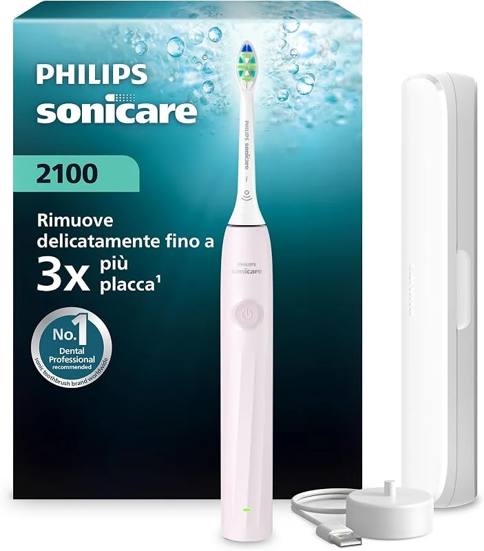 Philips Sonicare Serie 2100 - Spazzolino elettrico sonico con 2 livelli d'intensità, funzione EasyStart, SmarTimer, 14 giorni di autonomia, custodia, rosa, HX4023, 03, [Nuovo] — Igiene orale