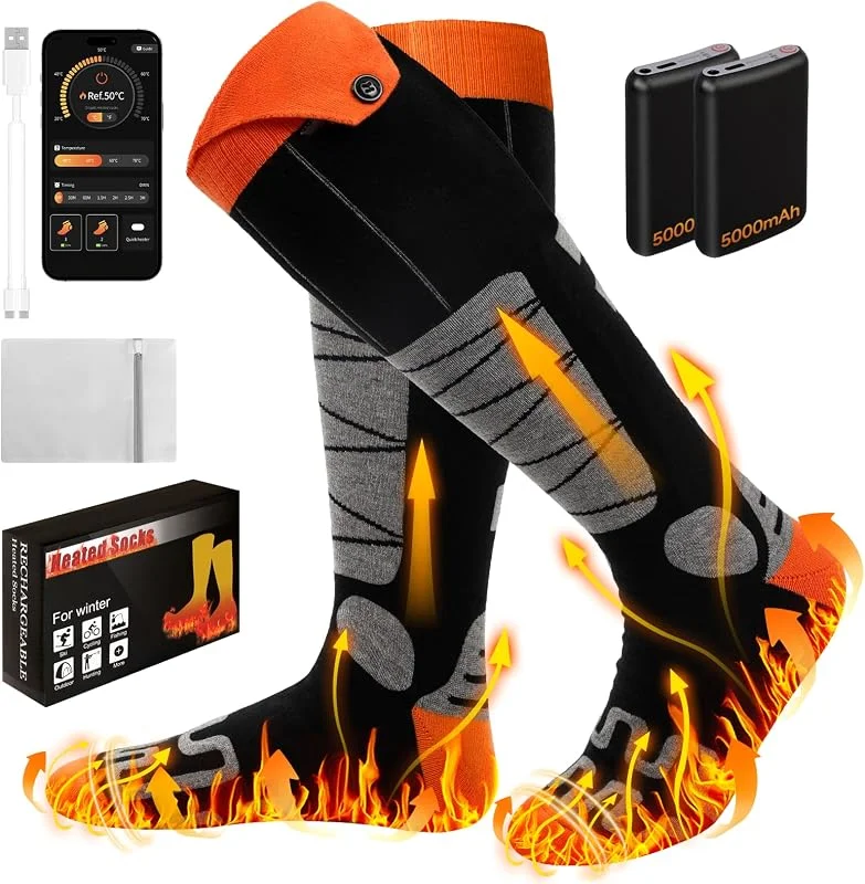 Calze Riscaldate a Batteria, 5000mAh* 2 Scaldapiedi Calzini Riscaldanti Elettrici con 4 Temperature, USB Scalda Piedi per Scarpe Termiche Uomo Donna, Controllo Dell'app per Sci Bicicletta — Abbigliamento riscaldato