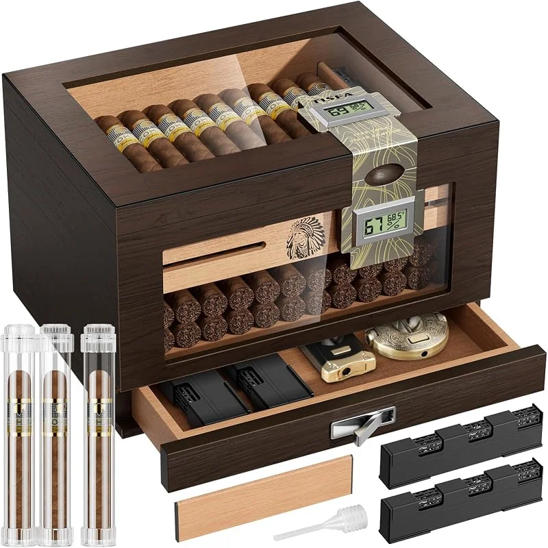 TISFA - Umidificatore per sigari in legno di cedro con 2 igrometri digitali, 2 umidificatori, vassoio in cedro, divisore, cassetto per accessori, umidificatori da scrivania grandi e tubo per sigari da