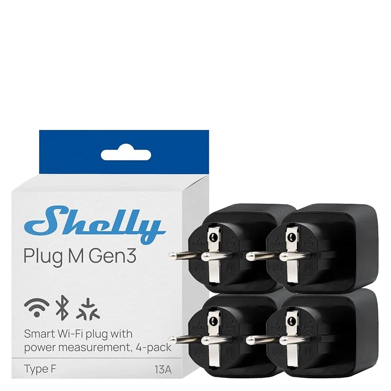 Shelly Plug M Gen3 Nero - Presa Intelligente Wi-Fi & Matter (Tipo F), Misurazione Consumi, 13A, 3000W, Nessun Hub Richiesto, Timer, Riscaldamento, Luci, Alexa, Google Home, Apple HomeKit (4 Pezzi)
