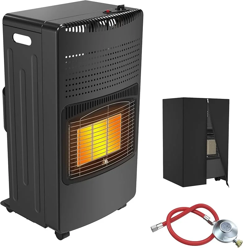 Riscaldamento a gas per interni, 4200 W, con 3 livelli di riscaldamento, con tubo del gas e regolatore di pressione, riscaldatore a infrarossi per gas butano e propano, portatile, nero