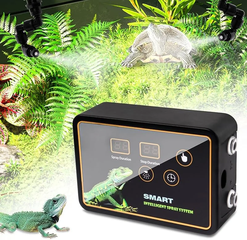 Nebulizzatore Terrario, GuKKK Sistema di Nebulizzazione per Rettili, Umidificatore per Rettili Automatico con Timer e Rotazione Regolabile a 360°, Umidificatore Rotante per Anfibi Retti Piante