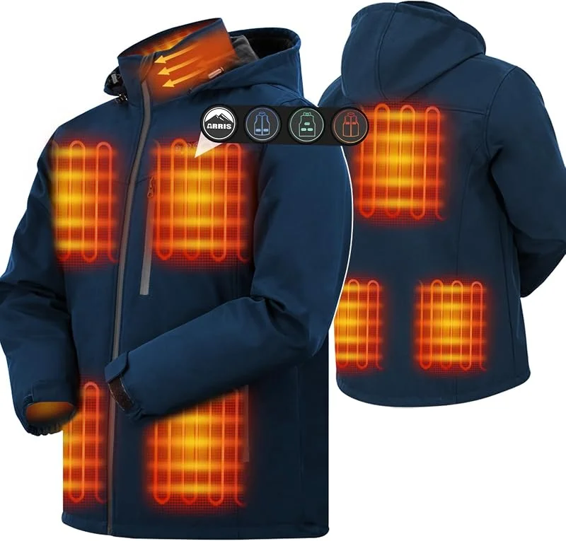 ARRIS Giacca riscaldata da uomo, con batteria ricaricabile da 7, 4 V, 8 zone di riscaldamento, cappuccio rimovibile per l'inverno — Abbigliamento riscaldato