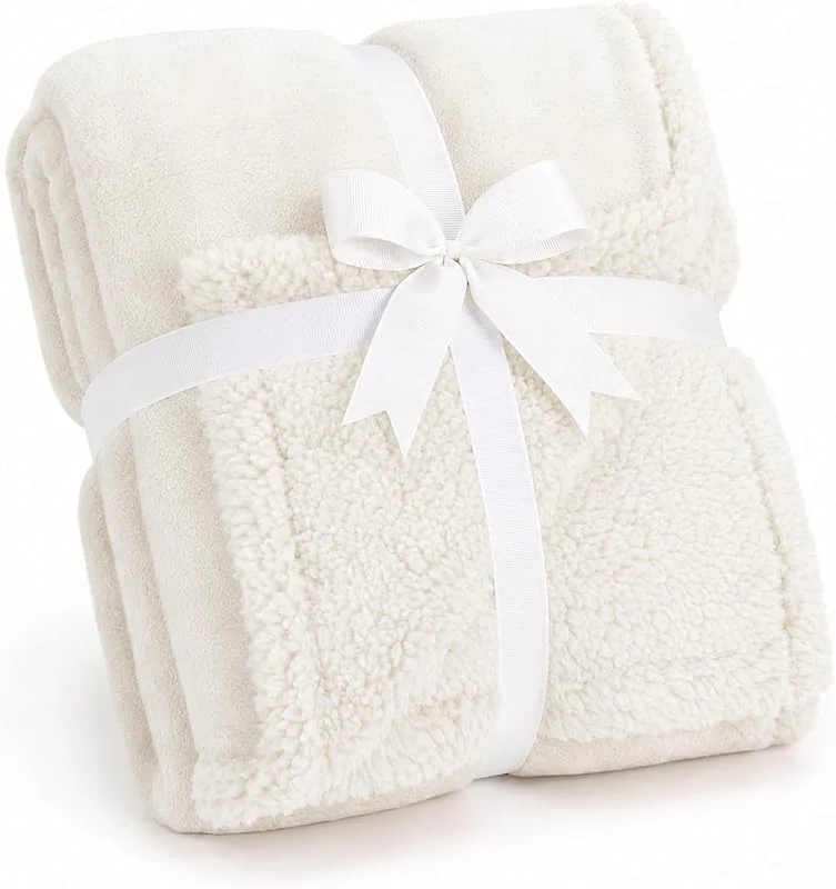 Coperta Plaid Pile, Sherpa e Flanella, 210x230 cm, Bianco — Riscaldamento