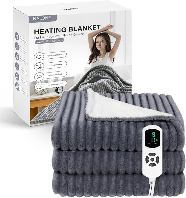 NALONE Coperta Riscaldante Elettrica Matrimoniale, Textra Spessa ermocoperta Matrimoniale 160x130cm con 9 Livelli Di Calore e 12 Timer, Coperta Termica Singola e Doppie Lavabile — Riscaldamento