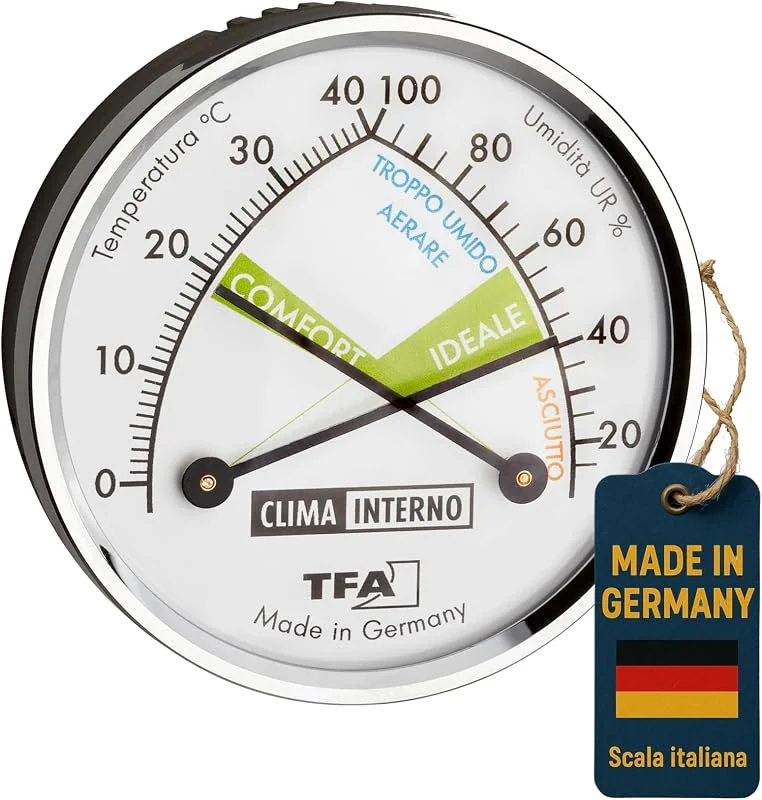 TFA Dostmann Termometro Igrometro analogico igrometro con anello in metallo 45.2024.IT, misuratore di umidità, multicolore, con scala italiana — Umidificatore