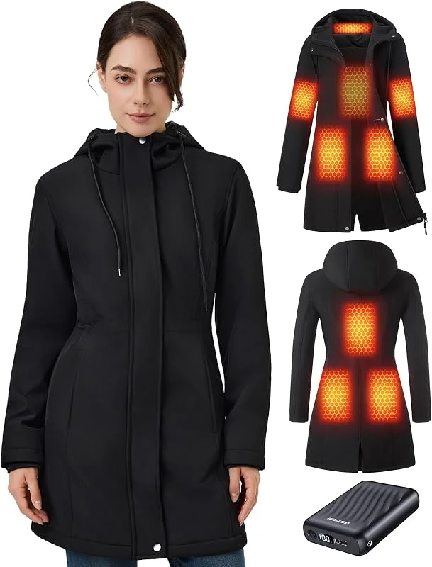 Giacca Riscaldata Donna Con Power Bank 12v 18400mah, 8 Zone Con 3 Livelli Di Temperatura, Cappotto invernale lungo, caldo e impermeabile, con fodera in pile e cappuccio — Abbigliamento riscaldato