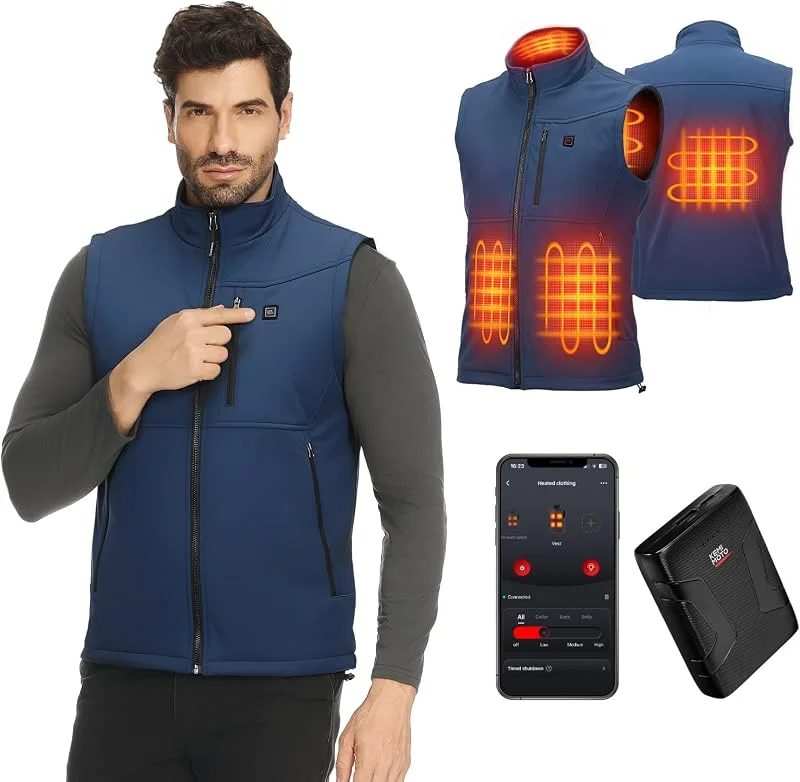 KEMIMOTO Gilet Riscaldato Uomo Donna, Antivento Gilet Riscaldato con Telecomando APP, Elettrico Giubbotti Riscaldati con Batteria da 10000 mAh per Sci Escursionismo Caccia Pesca Motociclismo — Abbigliamento riscaldato