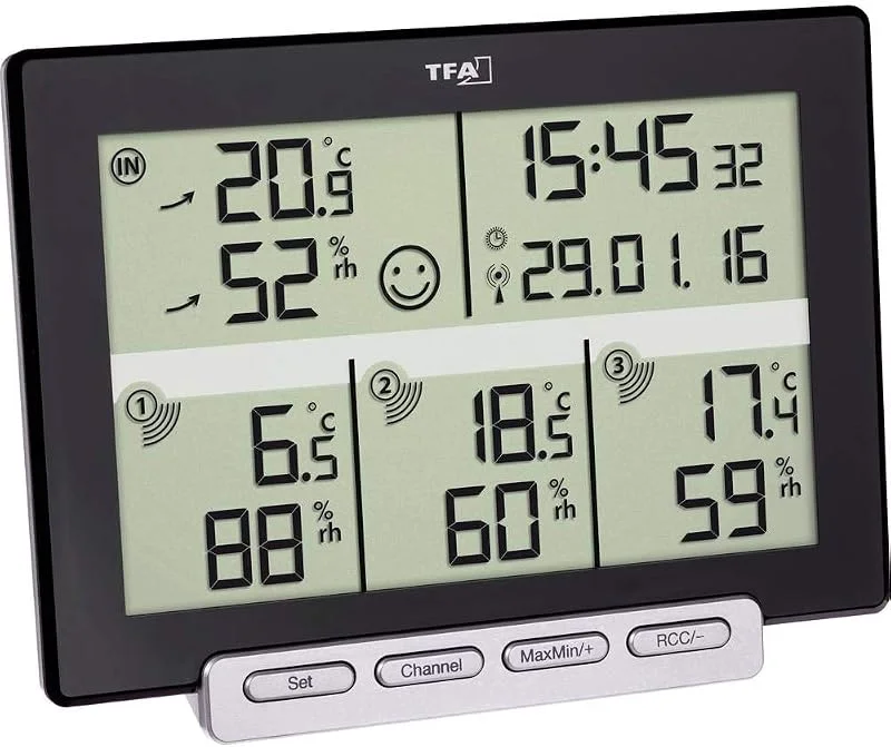 TFA Dostmann Termo-igrometro radiocontrollato Digitale Multi-Sens, 30.3057.01, Temperatura e umidità Ambientale ed Esterno, con 3 sensori Esterno, Livello di Comfort, Nero — Umidificatore