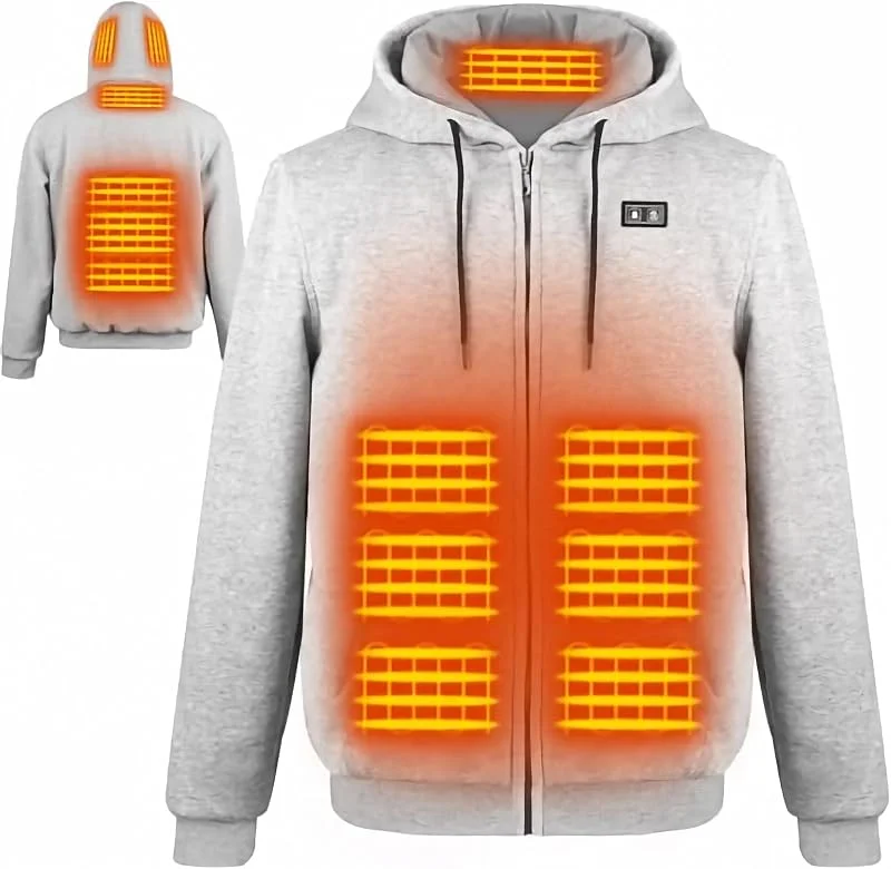 Felpa con Cappuccio Riscaldata Giacca con Cappuccio Riscaldante con e in Pile per Uomo e Donna - Giacca Termica Intelligente 6 Zone, 3 Livelli di Calore - Batteria 7.4V 16000mAh per Outdoor, Campeggio — Abbigliamento riscaldato