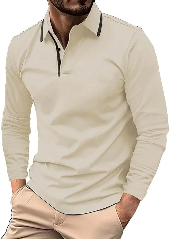 Polo Uomo Manica Lunga Golf T-Shirt con Taschino Traspirante e Leggera a Righe Camicia Casual Sportiva — Abbigliamento riscaldato