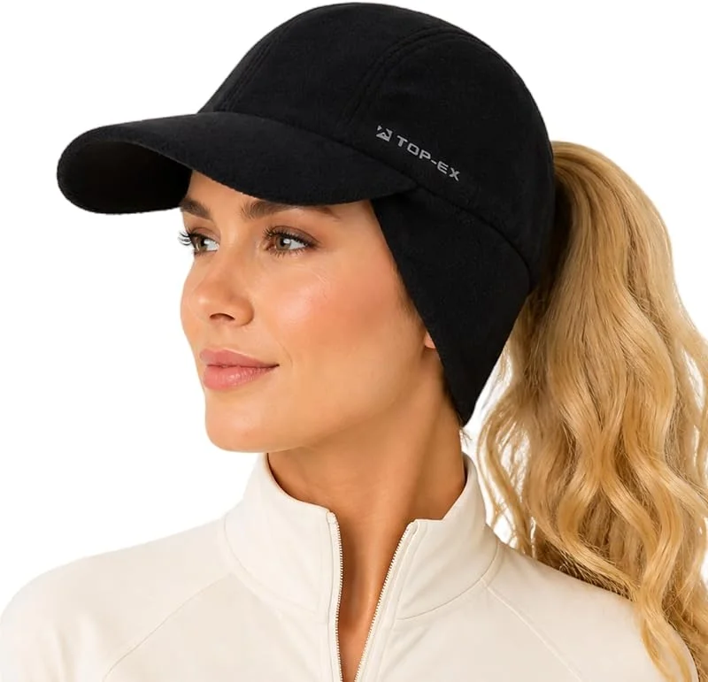 TOP-EX ChicPony™ M, L, XL Berretto da baseball invernale idrorepellente con paraorecchie per donna running berretto con foro per coda di cavallo riflettente caldo fodera in pile cappello — Abbigliamento riscaldato