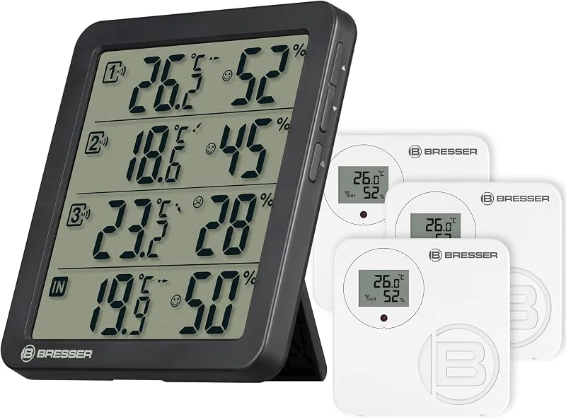 Bresser Termoigrometro Quadro NV con 4 punti di misurazione, sensore integrato e 3 sensori wireless, indicatore di comfort Smiley, memoria Min, Max, IP44 — Umidificatore