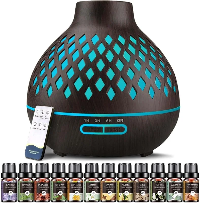 Aeshory Diffusore di Oli Essenziali 550ml Umidificatore Ambiente con 12 X 5ml Oli Essenziali, Diffusore di Aroma Aromaterapia, Telecomando, Luce Led A 7 Colori, 4 Timer, Spegnimento Automatico, Nero
