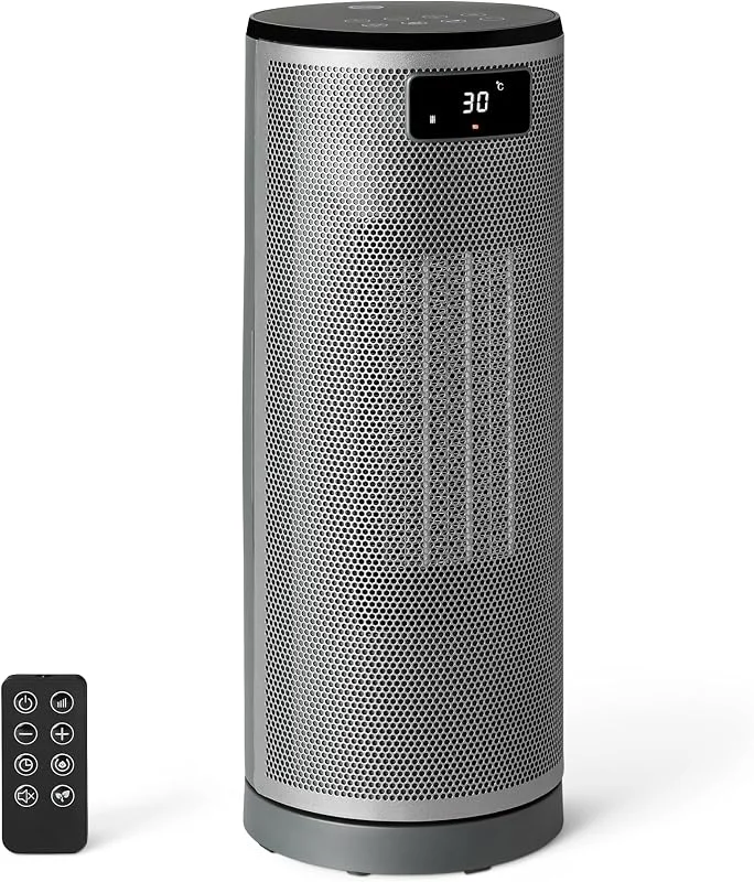 Amazon Basics Stufa Elettrica Portatile in Ceramica, 1800W, con Telecomando, Oscillazione 70°, Display Digitale, 5 Modalità, Timer 24h, 40cm, Grigio — Riscaldamento