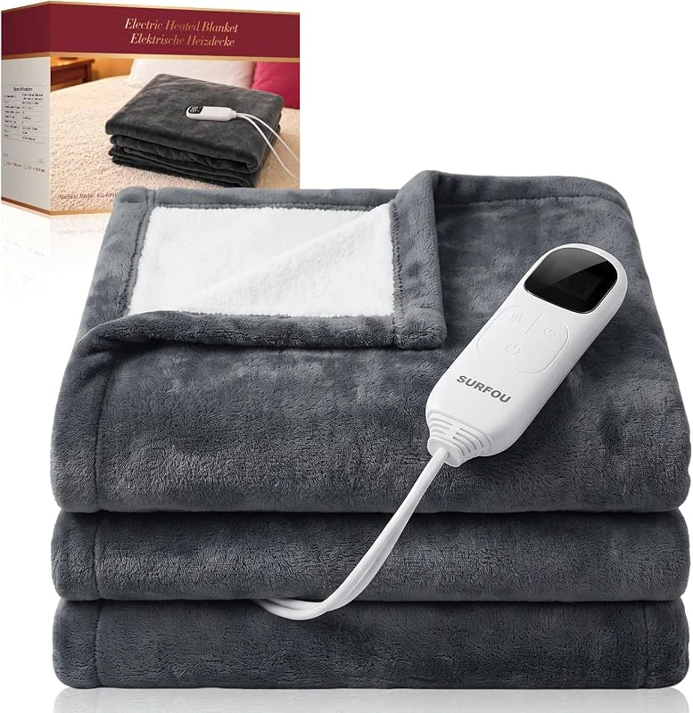 SURFOU Coperta riscaldante Elettrica 180x130cm Termica, Flanella, Grigio — Riscaldamento