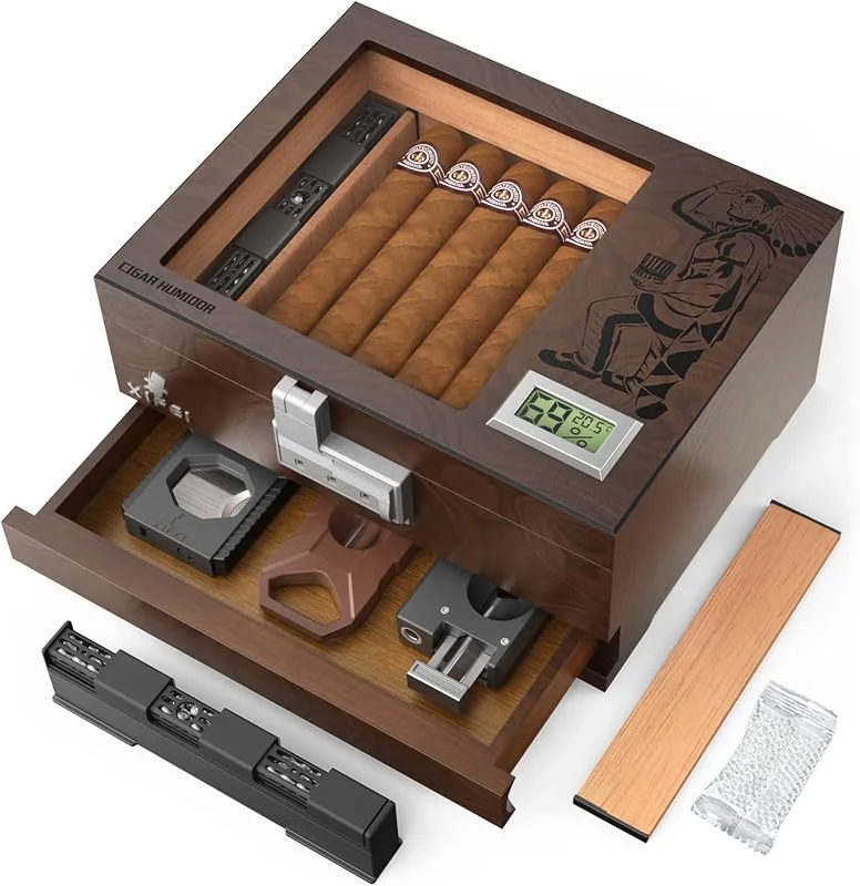XIFEI Umidificatore per sigari, in vetro, da scrivania, con igrometro digitale, umidificatore, cassetto accessori, custodia in legno di cedro con serratura a combinazione, regalo per gli amanti dei