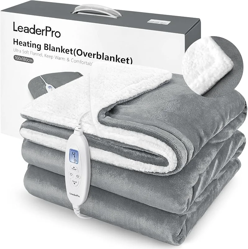 LeaderPro Coperta Elettrica con Telecomando - Termocoperta Matrimoniale 180x160cm, 10 Temperature, con Timer 1-9h, Plaid Riscaldabile a Basso Consumo, Lavabile -Gris Clair — Riscaldamento