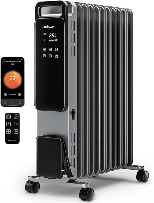 Pro Breeze Radiatore ad olio da 2500 W con 11 lamelle, riscaldamento intelligente elettrico, a risparmio energetico, 3 livelli di riscaldamento, termostato regolabile, Wi-Fi, timer 24 ore, display