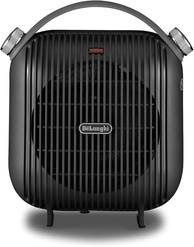 De'Longhi HFS30C24.DG Termoventilatore da tavolo, 2 livelli di potenza, ventilazione estiva, protezione antigoccia, maniglia, sistema anti-ribaltamento, luce, protezione antigelo, leggero, Nero — Riscaldamento