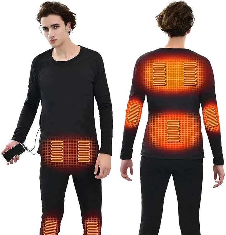 Intimo Termico Invernale, Tute riscaldanti Nere, Set di Magliette e Pantaloni Termici a Maniche Lunghe riscaldate elettriche USB per Sport all'Aria Aperta da Uomo, (Senza Power Bank) — Abbigliamento riscaldato