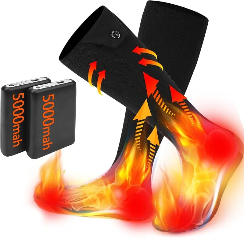 Calzini riscaldati elettrici per uomo e donna, con batteria da 5 V 5000 mAh, scaldapiedi con riscaldamento a 360°, calzini elettrici con 4 livelli di calore, adatti per sci all'aperto, campeggio — Abbigliamento riscaldato