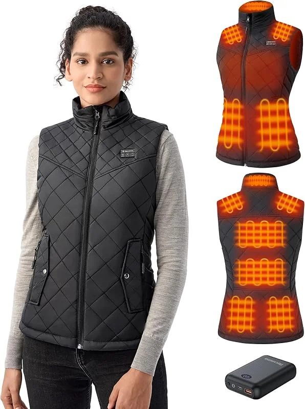 Gilet Riscaldato Donna con Batteria Inclusa da 16000 mAh 7, 4 V e 9 Zone Riscaldanti, Gilet Riscaldato a Batteria per Attività all’Aperto e Caccia — Abbigliamento riscaldato