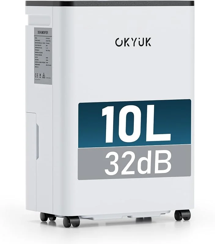 OKYUK Deumidificatore Casa Muffa 10 L, deumidificatore bagno, deumidificatore casa 2.5L, 30 m², con spegnimento automatico Timing 24H, ideale per camper, bagno, camera da letto, cantina (10L Bianco)