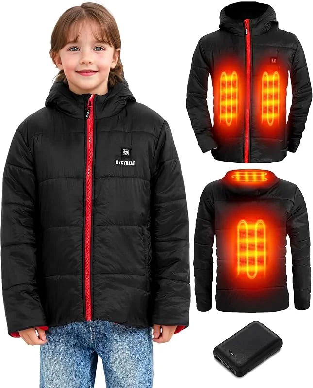 CYCYHEAT Giacca riscaldata per bambini, per ragazzi e ragazze, con cappuccio, riscaldata, con batteria — Abbigliamento riscaldato
