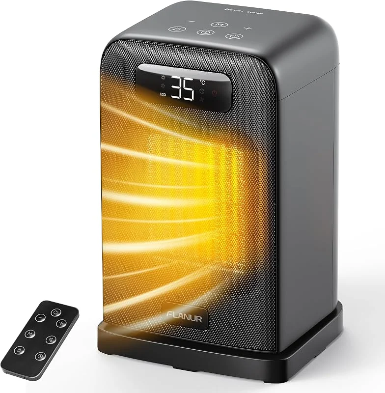 FLANUR Stufetta Elettrica Basso Consumo 1500W, Riscaldamento Portatile Ceramico PTC con Termostato, Oscillazione 70°, Timer 12H, Telecomando, +4 Modalità