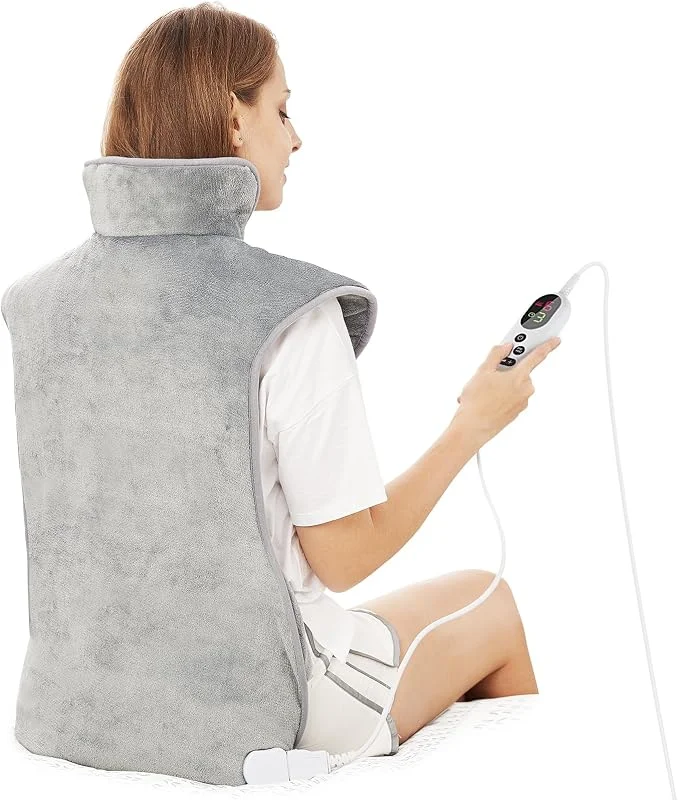 Termoforo per schiena, spalle e collo, 60x100 cm, con fascia in vita, riscaldamento rapido, 6 impostazioni di calore, timer di spegnimento automatico, flanella, lavabile in lavatrice, spina UE, grigio