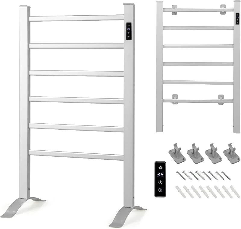 GYMAX Scaldasalviette Elettrico, Porta Asciugamani in Alluminio, Riscalda 30-60 °C, Timer, 2 in 1 in Piedi & a Parete, con Accessori a Parete — Riscaldamento