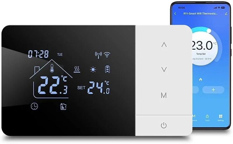 Termostato di riscaldamento e raffreddamento WiFi intelligente per Tuya per Smart Life, controllo della temperatura programmabile 7 giorni con app per controllo vocale Alexa, USB o batteria