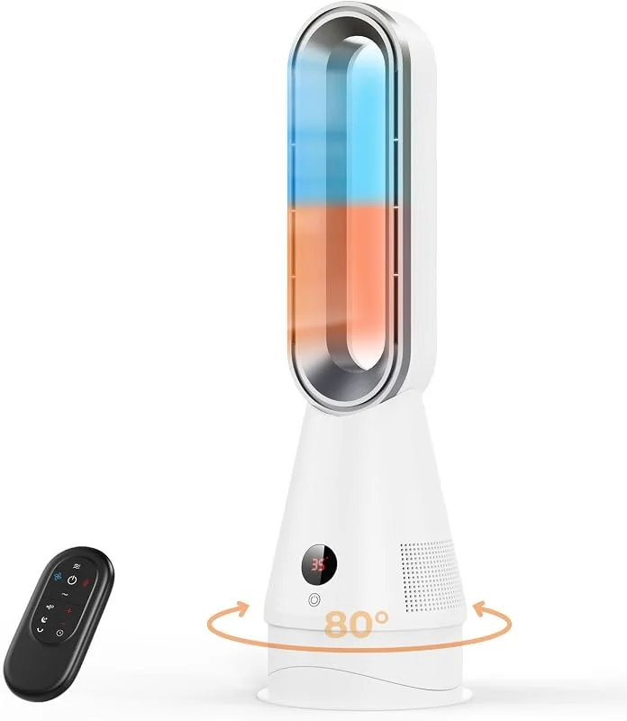Ventilatore a Torre Senza Pale 2 in 1 - Riscaldatore 1600W, 20-35°C, Raffreddamento, Oscillazione 80°, 3 Modalità, 8 Velocità, Timer 8h, Display LED, Telecomando, per Soggiorno, Camera, Ufficio — Riscaldamento